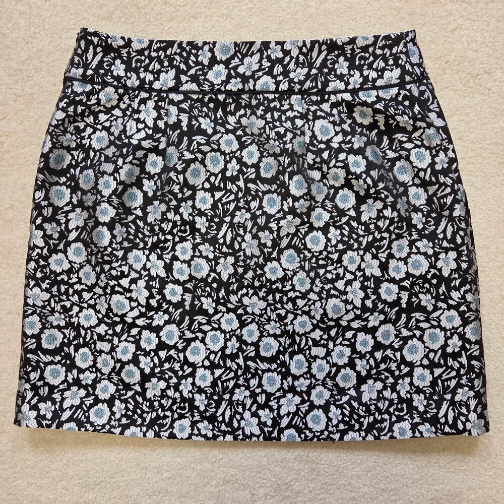 Ann Taylor Loft 2 Jacquard Floral Straight Pencil Mini Skirt Blue, Silver Black - Picture 2 of 11